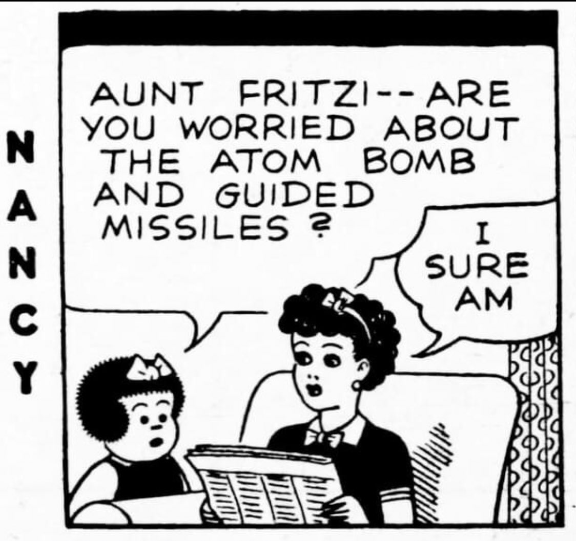 erniebushmiller's tweet photo. SNAP! 

Nancy capitalizes on a grim reality.

#nancy #nancycomics #erniebushmiller #inkspill #spilledink #atombomb https://t.co/5du4ZiLcEY