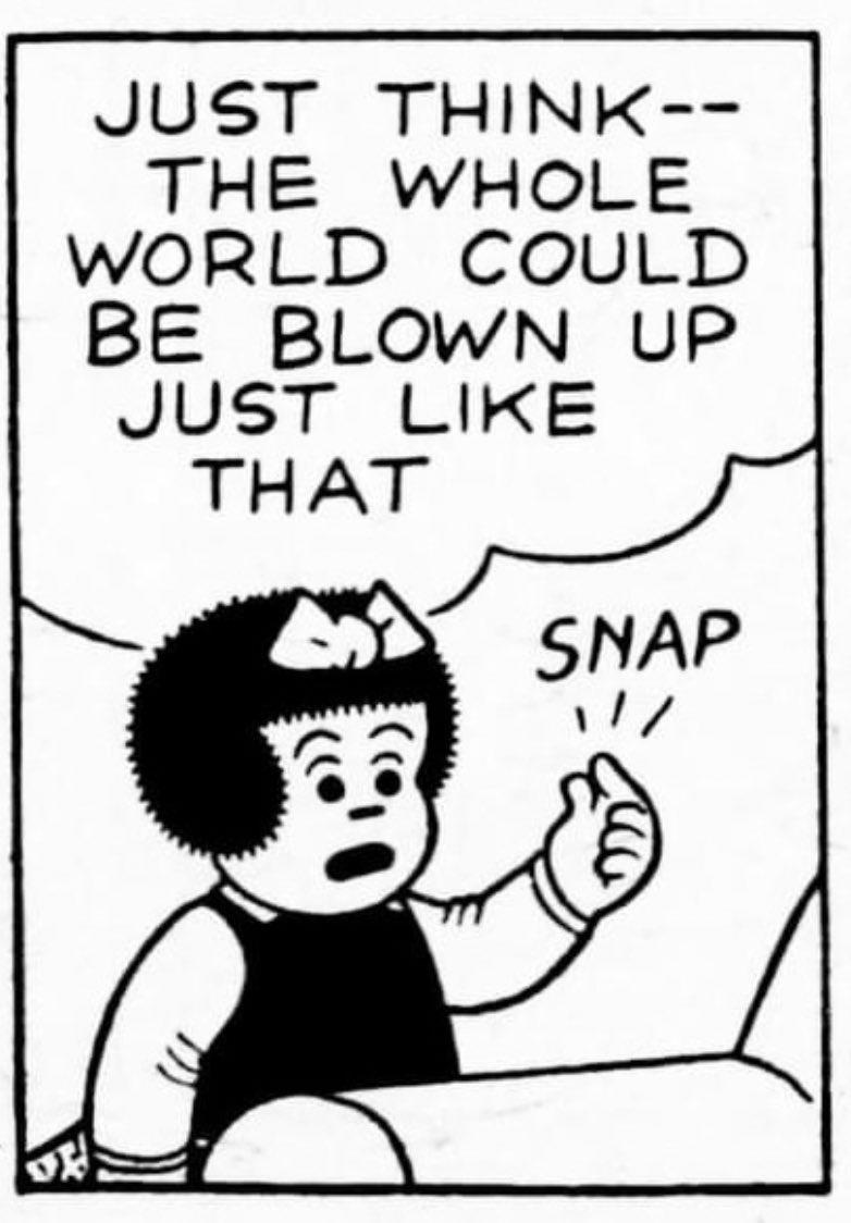 erniebushmiller's tweet photo. SNAP! 

Nancy capitalizes on a grim reality.

#nancy #nancycomics #erniebushmiller #inkspill #spilledink #atombomb https://t.co/5du4ZiLcEY