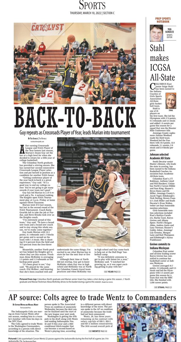 Thursday's edition of The Republic sports features Columbus North graduates and Marian University basketball players Imani Guy and Alexa McKinley as they open up the NAIA Tournament against Olivet Nazarene on Friday.