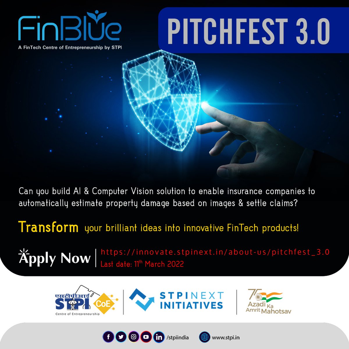 stpiindia's tweet photo. Can you build #AI & #ComputerVision soln to enable insurance co. to estimate property damage based on images & settle claims? Join #PITCHFEST3.0 of #STPIFinBlue to shape your unique ideas into innovative #FinTech solutions. Apply now: https://t.co/XHwCZaKIwW. #STPIINDIA #STPICoEs https://t.co/KOCj9nbu6p