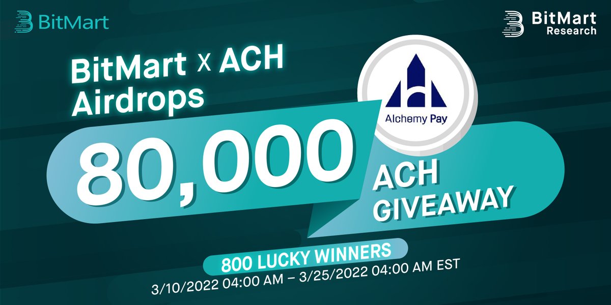BitMartResearch's tweet photo. 🌟BitMart X ACH Listing Airdrop!

1⃣Follow @BitMartResearch &amp; @AlchemyPay
2⃣Join https://t.co/ba8uIcH9ww &amp; https://t.co/8ZTBoqALje
3⃣RT &amp; Tag 3 friends
4⃣Fill out: https://t.co/TDZNfvpR3m

🥳𝟖𝟎,𝟎𝟎𝟎 $ACH/𝟖𝟎𝟎 winners
📅3/10/22 4AM – 3/25/22 4AM EST https://t.co/JjPRLv4dpJ