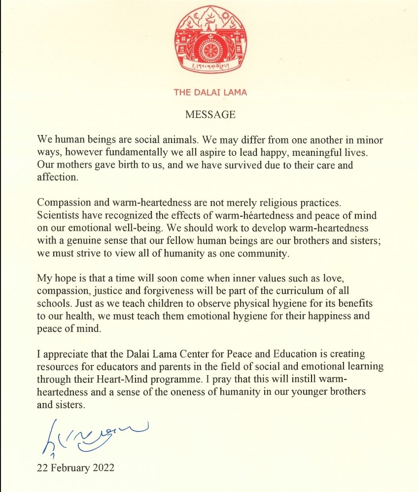 Amazing to see the field of social-emotional learning continue to gain recognition &amp; support. 
Thank you, <a href="/DalaiLama/">Dalai Lama</a> for your inspiring and insightful thoughts on such an important topic.

#SEL #warmheartedness #community #emotionalhygiene