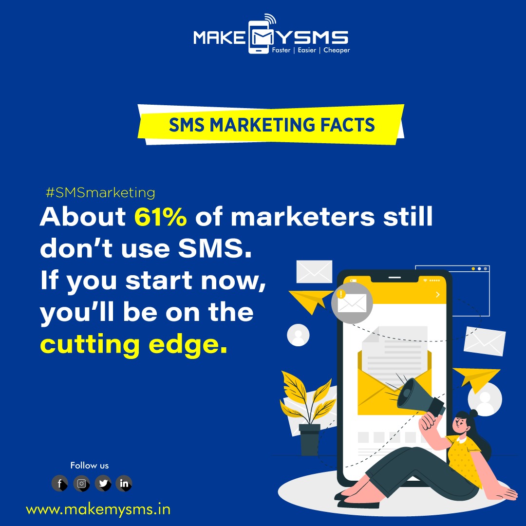makemysms1's tweet photo. About 61% of marketers still don’t use SMS. If you start now, you’ll be on the #cutting #edge.

#sms #smsmarketing #hasslefree #customerservice #messages #strategy #marketing #platforms #integration #smsservice #clicked #people https://t.co/9FEQOA1pch