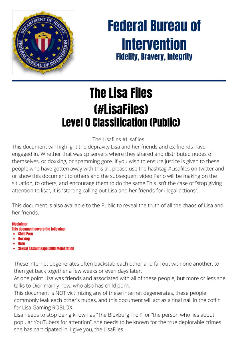 RobloxG08285756's tweet photo. FBI Lisa's reports, and the #Lisafiles report.
#robloxdrawingcartoon #robloxdrawing #roblox
(This is a fictional report, do not take the story seriously.) https://t.co/lrlAscXiDr