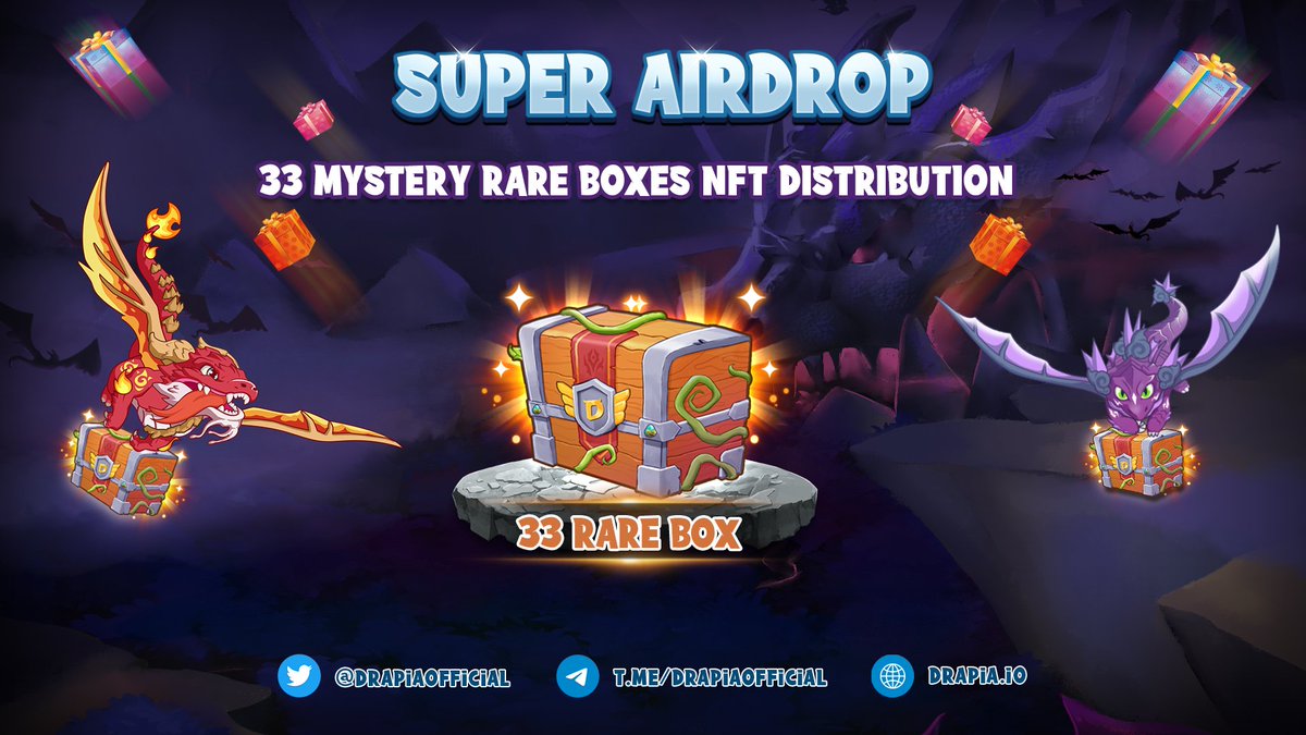 🎁 Super Airdrop: 33 Mystery Rare Boxes NFT Distribution Completed! 🎁
 
Drapia’s just done transferring the rewards to the wallets of all Dragon Trainers that won the Super Airdrop 😍😍
 
‼️ Check your wallet now!
 
And don’t forget that Drapia IDO is on the way. Stay tuned! 🥰