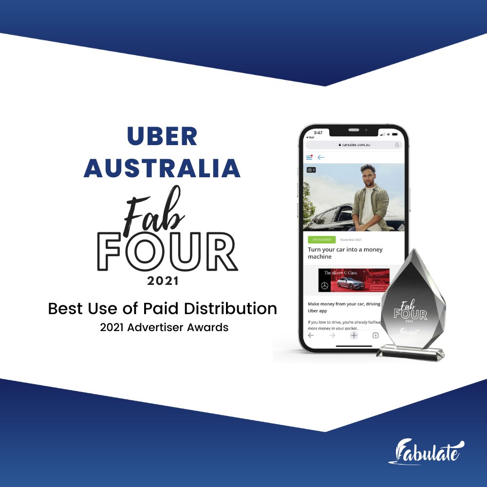 fabulateHQ's tweet photo. Our fourth and final recipient of our Fab Four Advertiser Awards for 2021 is Uber Australia - awarded for overall best use of distribution 🏆.

Learn more about the 2021 Fab Four Advertiser winners below.

https://t.co/DIpGMzRwlx https://t.co/bGrT7rNwT5