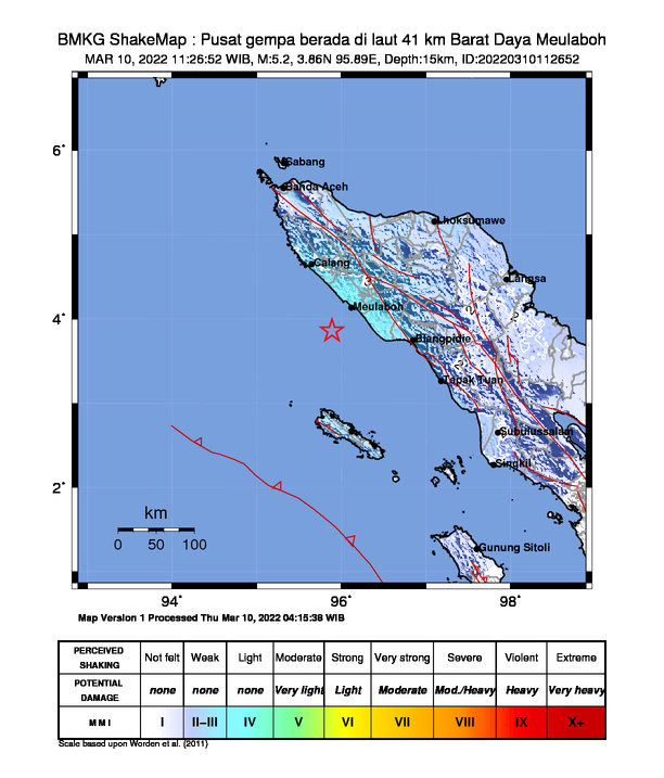 infoBMKG's tweet photo. #Gempa Mag:5.2, 10-Mar-22 11:26:52 WIB, Lok:3.86 LU, 95.89 BT (Pusat gempa berada di laut 41 km Barat Daya Meulaboh), Kedlmn:15 Km Dirasakan (MMI) III-IV Meulaboh, III Calang, II Banda Aceh, II Tapak Tuan, II Sigli #BMKG https://t.co/TmQArgXATa