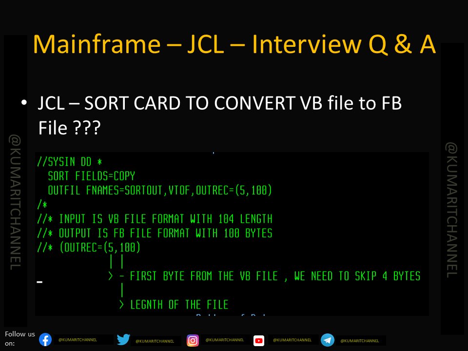 kumarITChannel's tweet image. Mainframe - JCL - Sort Card to Convert VB to FB File ??

Happy Learning!!  For more  Videos on Mainframe topics  like COBOL / JCL / DB2 / CICS / VSAM / PL/I &amp;amp; Interview Q &amp;amp; A ,..
Stay connected on :

youtube.com/kumaritchannel

#mainframe
#bigiron
#ibm
#ibmz
#ibmzos
#kumaritchannel