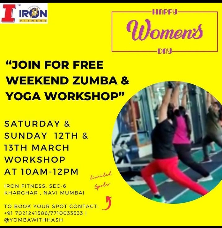 IRONFITNESS11's tweet photo. Join for the free zumba and yoga workshop on 12th and 13th March at iron fitness,Kharghar ✅

Limited spots only!!Dm to Book your spot now !!! https://t.co/0Cwv8VIJHM