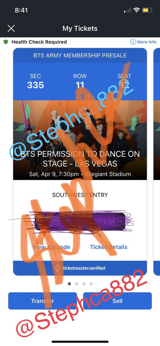 Stephca882's tweet photo. WTS 4 tickets for 4/9 Section 335 Row 11 Seats 12-15  - PayPal G&amp;S or Venmo.  - Will Transfer via Ticketmaster       -Can provide additional proof and video call during transaction                                     - DM if interested #BTSTICKETSELLING #PTD_ON_STAGE_LAS_VEGAS https://t.co/lsLkADHEpM