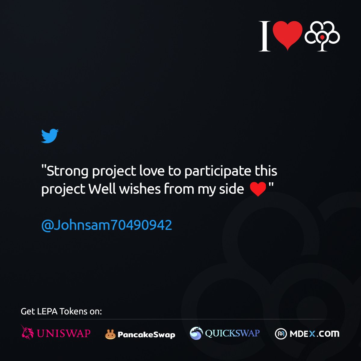Lepasaorg's tweet photo. "Strong project love to participate this project
Well wishes from my side ♥️"
@Johnsam70490942

#Lepasa ❤️ You

#lepa #lepatoken #Lepasa #NFT #NextGenNFTs #Lepaverse #NFTCommunity #NFTProject https://t.co/IQVuomDETM