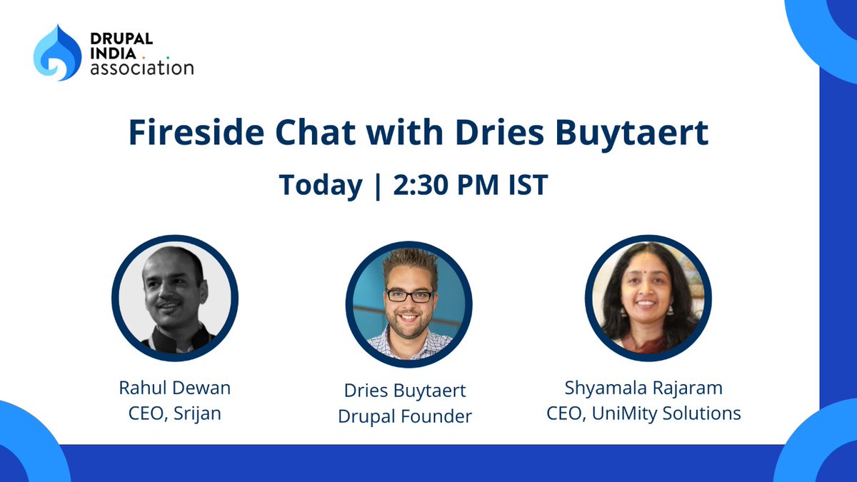Hey all, we're all set and excited for the launch of #DIARefresh2022 with a fireside chat with <a href="/Dries/">Dries Buytaert</a>, @rahulatsrijan and <a href="/shyam_raj/">Shyamala Rajaram</a> at 2:30 PM IST. Get ready with your questions and checklist. And sign up now if you haven't already. forms.gle/iVZu1xRvwMvqfx… See you, #Drupalers!
