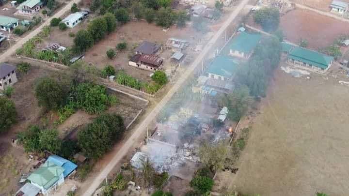 TheChindwin's tweet photo. The early morning airstrike and bombing by #Myanmar’s #junta army this morning has left religious building and its nunnery at Daw Nga Kha village destroyed in the Dee village tract of #Demoso Towship in #Kayah State, 10 March 2022. 

Photo/DMO – PDF, KNDF https://t.co/Vv6VT8IxdP