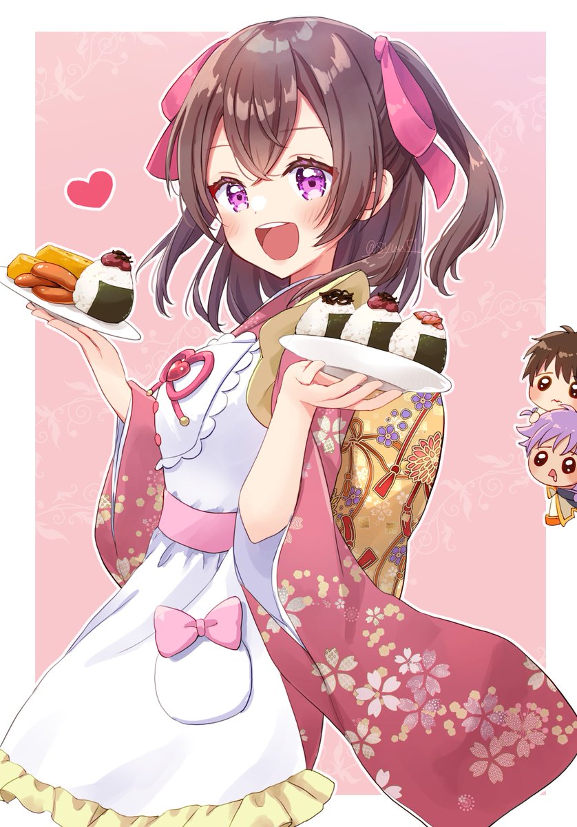 food onigiri japanese clothes purple eyes kimono apron brown hair  illustration images