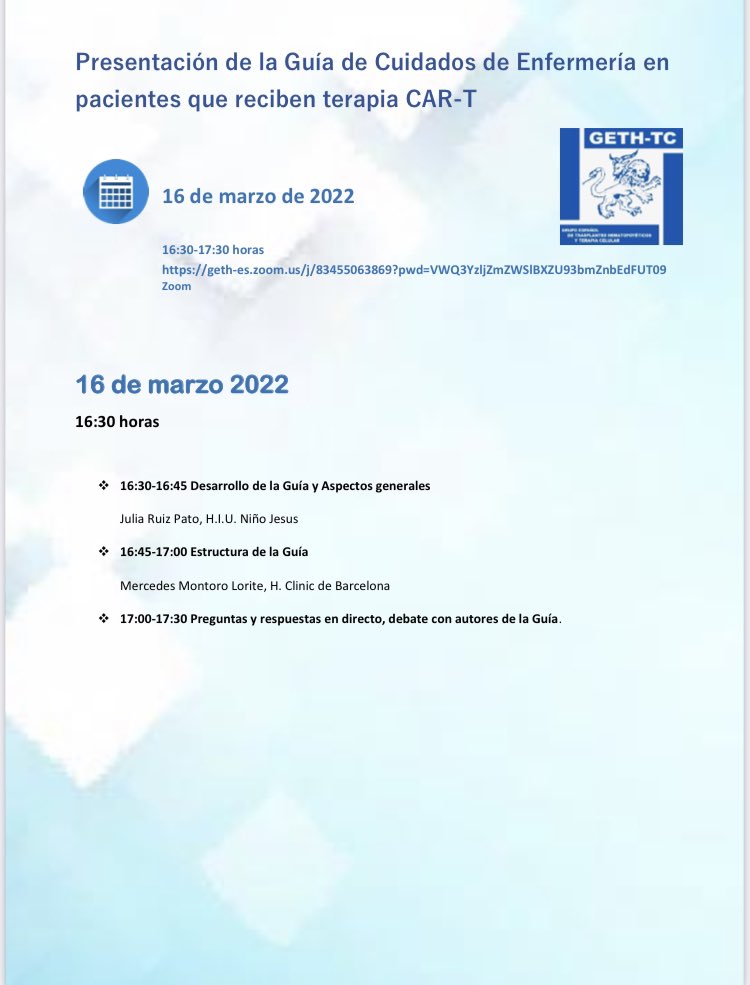 mercedesmontoro's tweet photo. Os esperamos el miércoles 16 de marzo a las 16:30h en la presentación de la guía de cuidados de enfermería para pacientes que reciben terapia CAR-T @GETH_info @hematoclinicbcn https://t.co/jmu91nsRyu