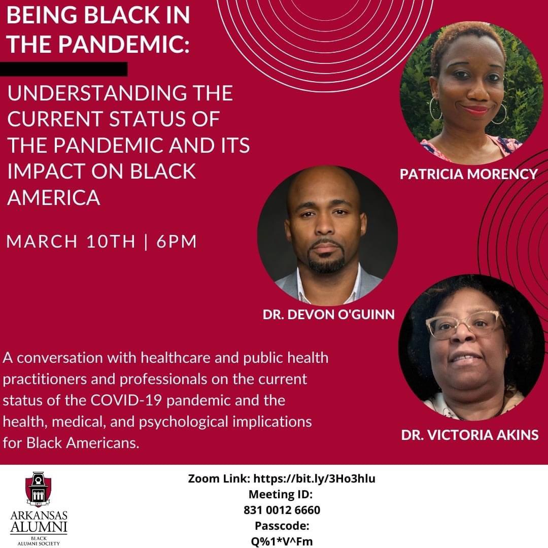 DrMarcoBarker's tweet photo. Looking forward to our first @uarkbas conversation of the year: What it means to be Black in the pandemic. We Hope #uark faculty, staff, students, alums, and our entire community can join us! https://t.co/5A0iatOUV0. #uarkbas @uark4inclusion @uark_mc @BlackUark @DevonOGuinnMD https://t.co/3RG9U5y10o