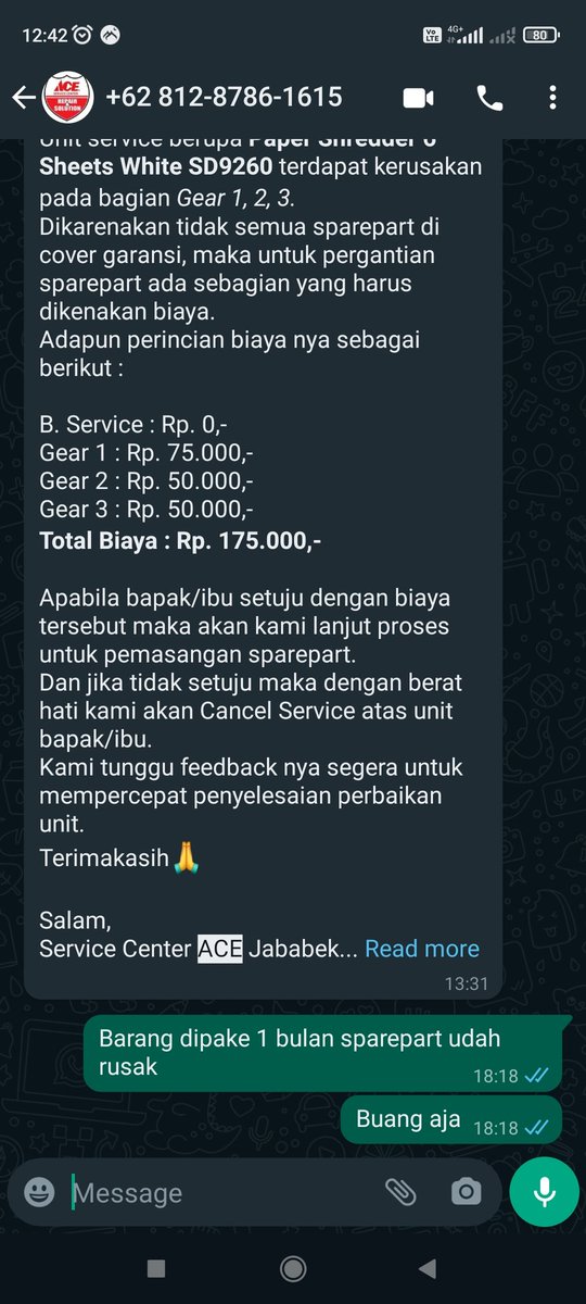 AA17AM's tweet photo. @AceHardware 
Pak Ace, Saya kecewa dg Kualitas barang dan garansi barang yg sy beli.
Baru dipake 2 minggu barang rusak, setelah diservice part udah rusak. https://t.co/7RMptM6KWu