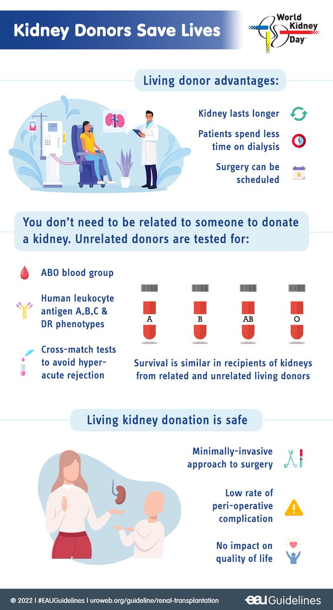 Patients with end-stage renal disease are steadily increasing worldwide.

Living-donor kidney transplantation is safe and the best option to improve their survival and quality of life!
#eauguidelines #RenalTransplantation #worldkidneyday