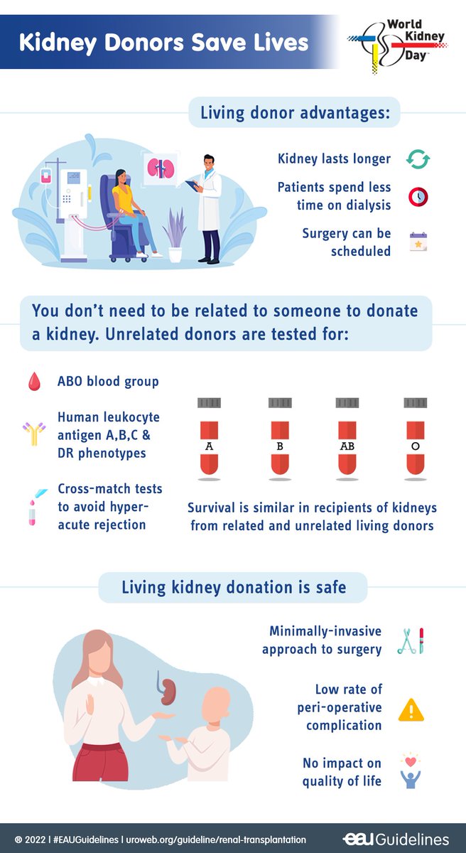 Patients with end-stage renal disease are steadily increasing worldwide. Living-donor kidney transplantation is safe and the best option to improve their survival and quality of life! #eauguidelines #RenalTransplantation #worldkidneyday