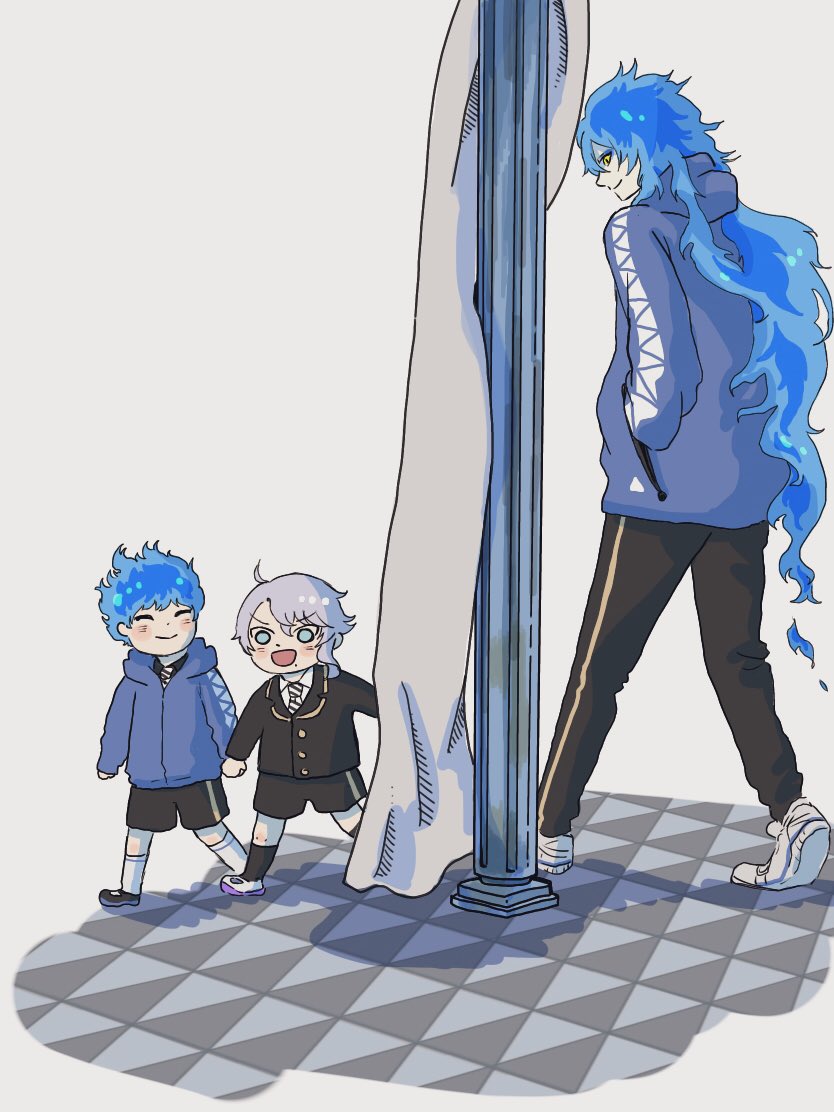 blue hair multiple boys shorts ? 3boys black shorts hood  illustration images