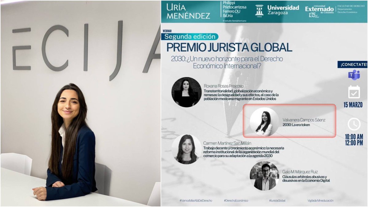 ¡El 15/03/2022 tienes una cita!
Webinar Premio Jurista Global, donde participa nuestra compañera Valvanera Campos, finalista en dicho premio, compartiendo su visión para 2030: La Era Token
bit.ly/vcampospremioj…

#ECIJAZaragozaExpertise #Metaverso #NFT