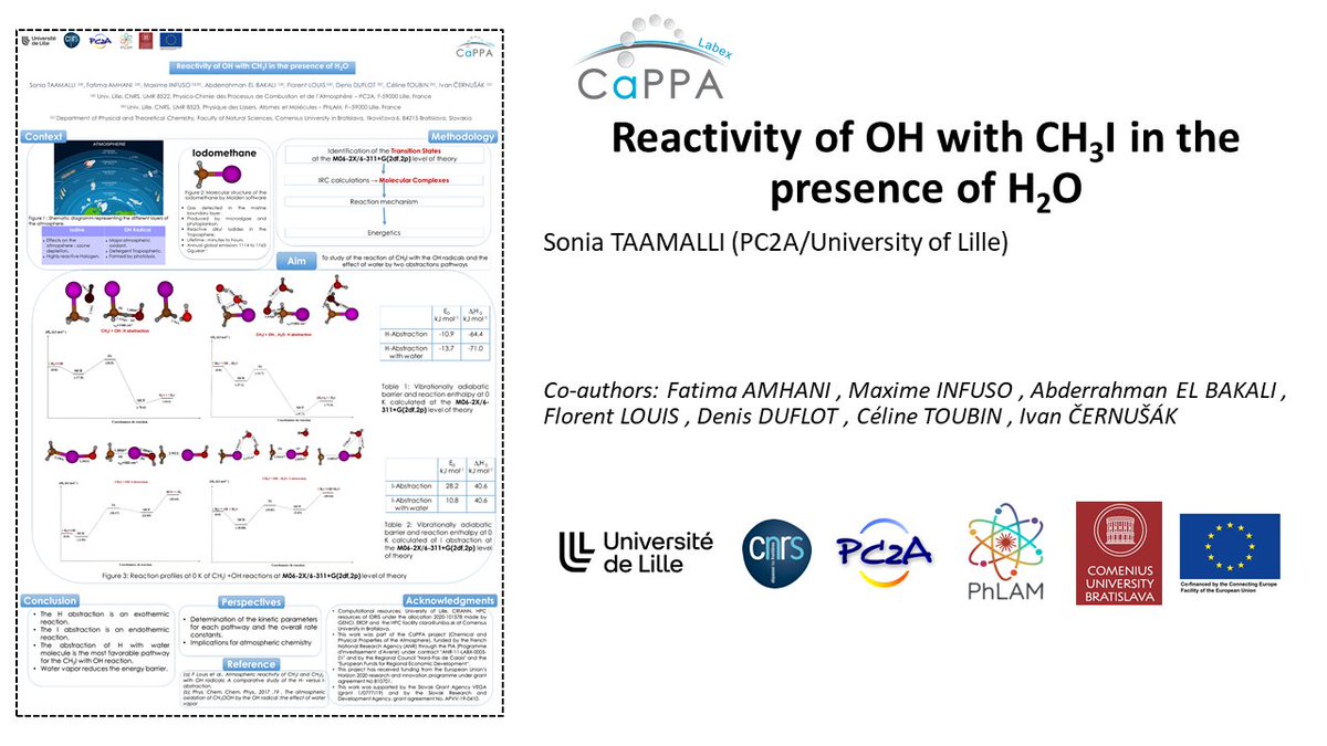 FlorentLouis59's tweet photo. Flash poster presentation scientific day @labexcappa 
Here are the ones of my team

@TaamalliS Reactivity of OH with CH3I in presence of H2O
#atmosphere #compchem #chemtwitter #academictwitter
@PC2A_umr8522 @CNRS_HdF @univ_lille 
@ComeniusUni https://t.co/fEmZdmzEhB