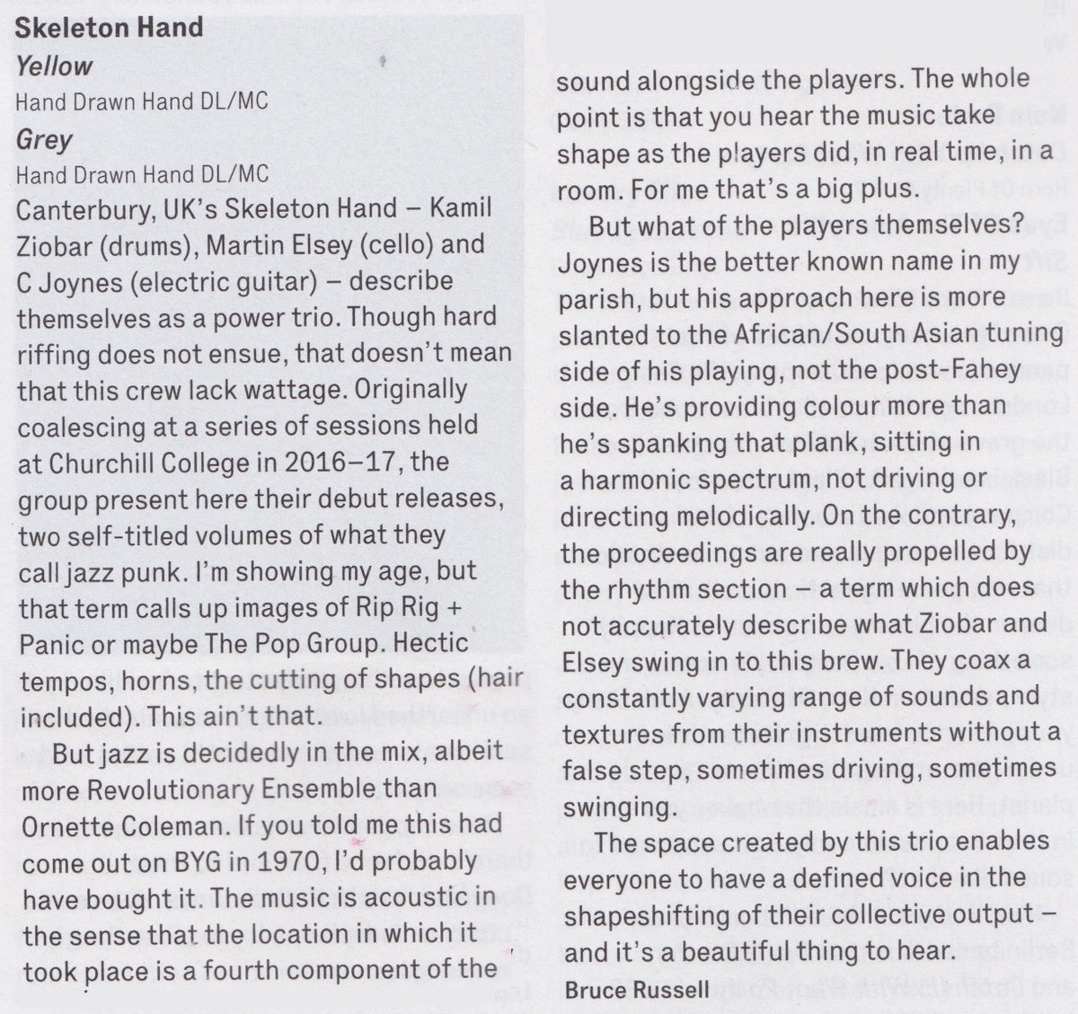 ***SKELETON HAND*** @xBrucexRussellx's take on Skeleton Hand's untitled pair of debut albums, published in @thewiremagazine 458. Both available here: …eofthebandisskeletonhand.bandcamp.com