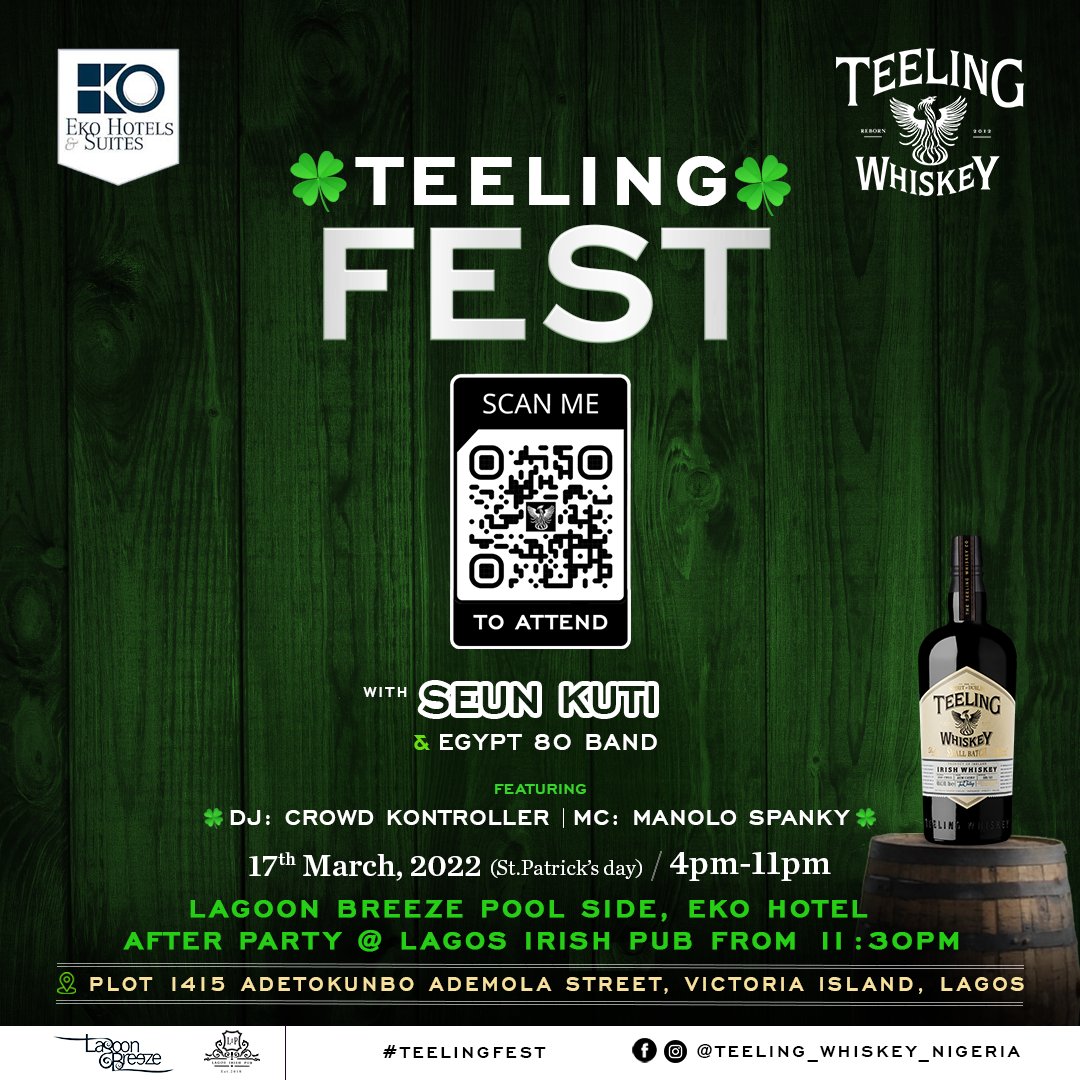 bellanaija's tweet photo. Come catch a vibe at the Teeling Fest(@TeelingWhiskey) this St. Patrick’s Day.

Register here: https://t.co/CLxF4GpqVu or scan QR code.

#TeelingFest #TeelingWhiskeyNigeria #StPatricksDay  #Lagos 

*SC https://t.co/7eH3MoGvtw