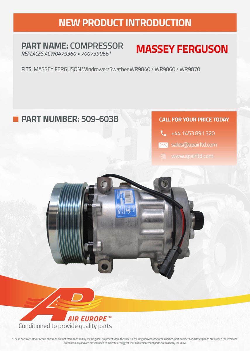 APAIRLtd's tweet image. 🤔 Got a #MasseyFerguson #Windrower #Swather?
NEW to range, our part no. 509-6038 is a Sanden style #compressor that fits these models
🔴 WR9840
🔴 WR9860
🔴 WR9870
Login on-line or ☎️ 01453 891320 for your P&amp;amp;A
apairltd.com/search/21777-5…
#newpart #mfwindrower #mfswather #AgTwitter