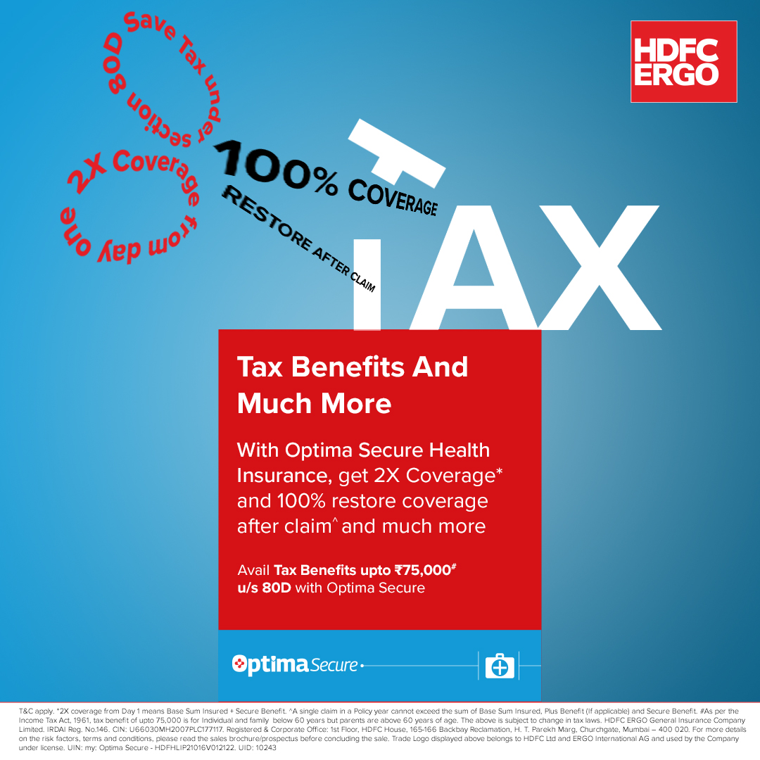 HDFCERGOGIC's tweet photo. Saving tax is important, but what’s even more important is that you not only #SaveTax but also get 2X coverage with your health insurance from Day 1 & 100% restore coverage after a claim. Get all of this with #OptimaSecure #HealthInsurance now: https://t.co/8QwMqUQDSz https://t.co/Oq07z5kQxL