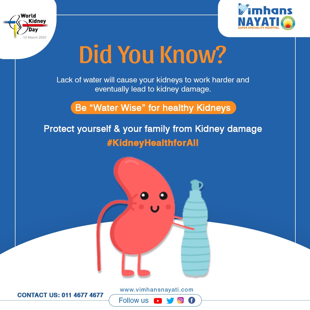 vimhansnayati's tweet photo. Did You Know? Lack of water will cause your kidneys to work harder and eventually lead to kidney damage.
For more information, please call:011 4677 4677
#kidneyhealthforall #kidneyhealth #vimhansnayati #lajpatnagar #diagnosed #worldkidneyday #drinkwater #drinkfluid #healthykidney https://t.co/R4Ny6F05Bi