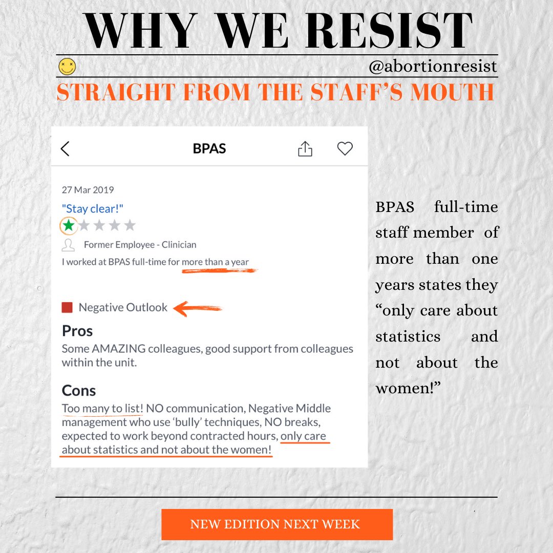 abortionresist's tweet photo. This weeks edition of #WhyWeResist looks at a review from an ex-staff member at @BPAS1968 who confirms (yet again) that they value “statistics over women.”
Tune in next Thursday for more juicy insight into what it’s like to be on the inside of the UK’s abortion industry. https://t.co/burWZ1kNuu