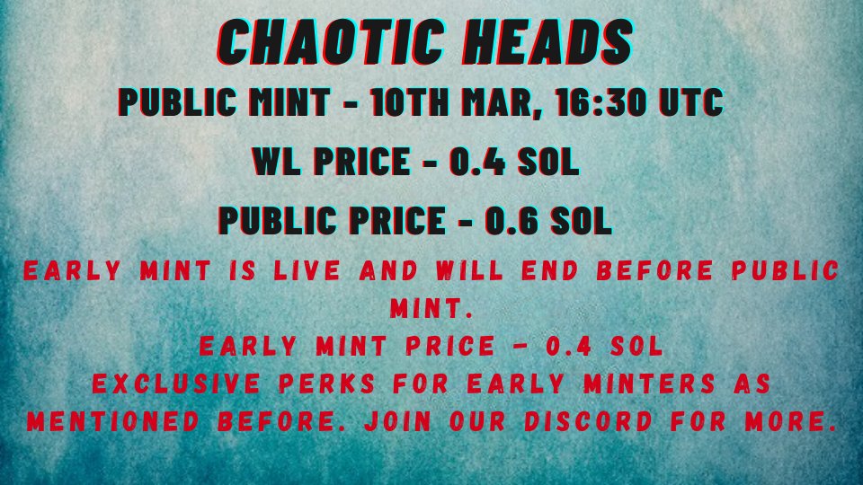 HeadsChaotic's tweet photo. Hey everyone we are delighted to announce that public mint goes live in 6 hours. 
join our discord for more: https://t.co/YNPMu3yiqV 

#nft #SolanaNFTs #magiceden #nftpfp #nftcommunity #solana #Solanart https://t.co/ookr17cGzz