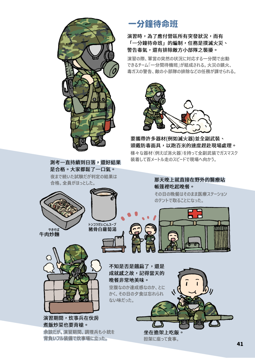 野戦医院の演習の最中、本部からの試験官が様々な課題を出しました。例えば「毒ガス」「空襲」「敵小部隊襲撃」など。ある時、試験官が出した課題は「敵装甲部隊と遭遇」。そういう場面を想定していないので皆が一瞬固まって、とりあえず負傷者を遮蔽物で隠しーー
