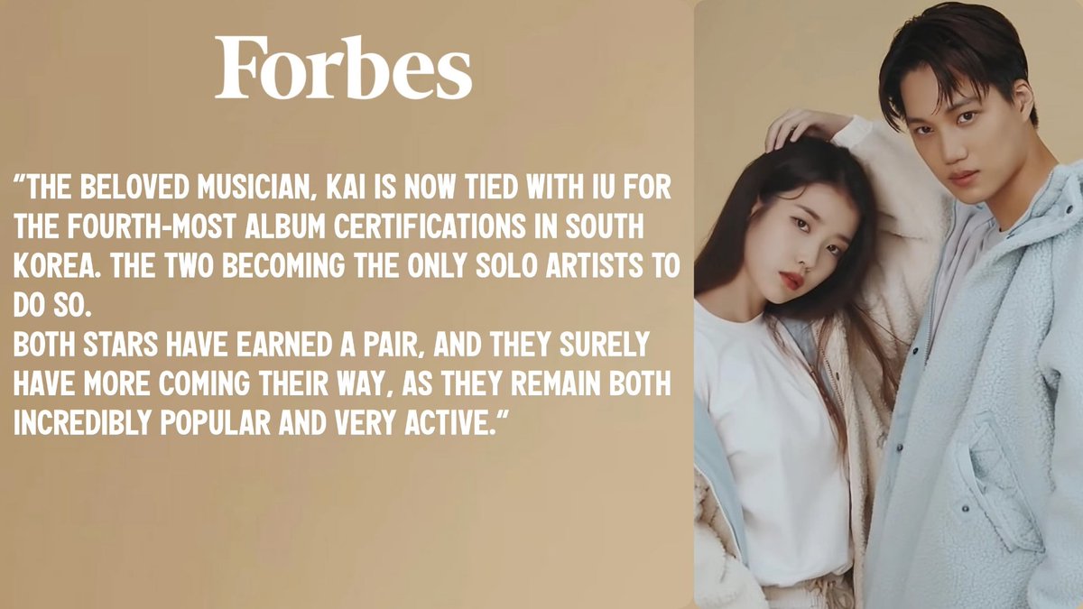 kaiufocus's tweet photo. "Both stars have earned a pair, and they surely have more coming their way. As they remain both incredibly popular and very active." - Forbes (about KAI and IU) https://t.co/6SQFyGEOZK