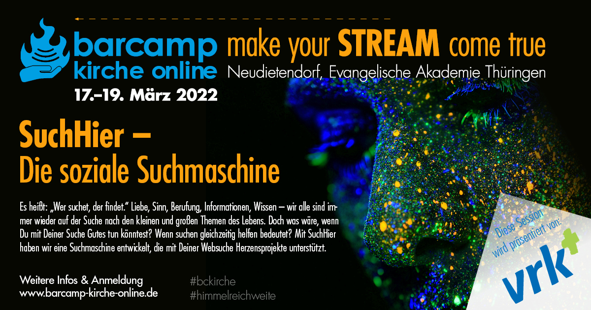 BarcampKircheOnline (@bckirche) on Twitter photo Nächste Woche startet das #bckirche in Neudietendorf. Mit dabei die vrk.de als Sponsor und Sessiongeberin. Mehr Infos: barcamps.eu/bcKirche2022/s…
#himmerreichweite #bckirche2022 Nächste Woche startet das #bckirche in Neudietendorf. Mit dabei die vrk.de als Sponsor und Sessiongeberin. Mehr Infos: barcamps.eu/bcKirche2022/s…
#himmerreichweite #bckirche2022