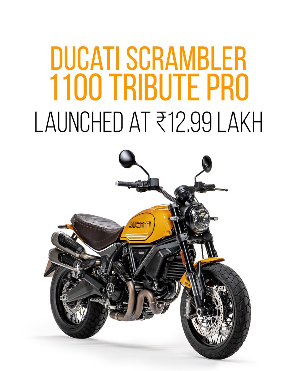 FastBikesIndia's tweet photo. Ducati launches the #Scrambler1100TributePro at ₹12.99 lakh. It pays tribute to 50 years of the air-cooled twin cylinder engine used on #Ducatis, using a mixture of retro and modern design elements.
Do you like the Ducati Scrambler 1100 Tribute Pro? • #fastbikesindia https://t.co/mYSBx47zup