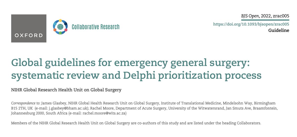 DrJamesGlasbey's tweet photo. @ladysurgeonsa @NIHR_GSU just published new
Global guidelines for emergency general surgery 🌍
Thanks to everyone that contributed to international consensus process
https://t.co/sSMXHO5b6h
Why did @GlobalSurg think #EGS #POMR was important? 🧵 @janetmartinwho
(1/12) https://t.co/Pb670XfvAV