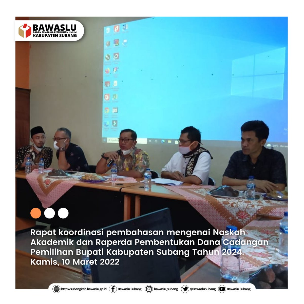 BawasluSubang's tweet photo. #SahabatBawaslu

(10/3/2022) Bawaslu Kabupaten Subang menghadiri undangan rakor dari Badan Kesbangpol Subang yang diselenggarakan di kantor KPU Subang, dengan pembahasan mengenai Naskah Akademik dan Raperda Pembentukan Dana Cadangan Pemilihan Bupati Kabupaten Subang Tahun 2024 https://t.co/saC0rpfQVh