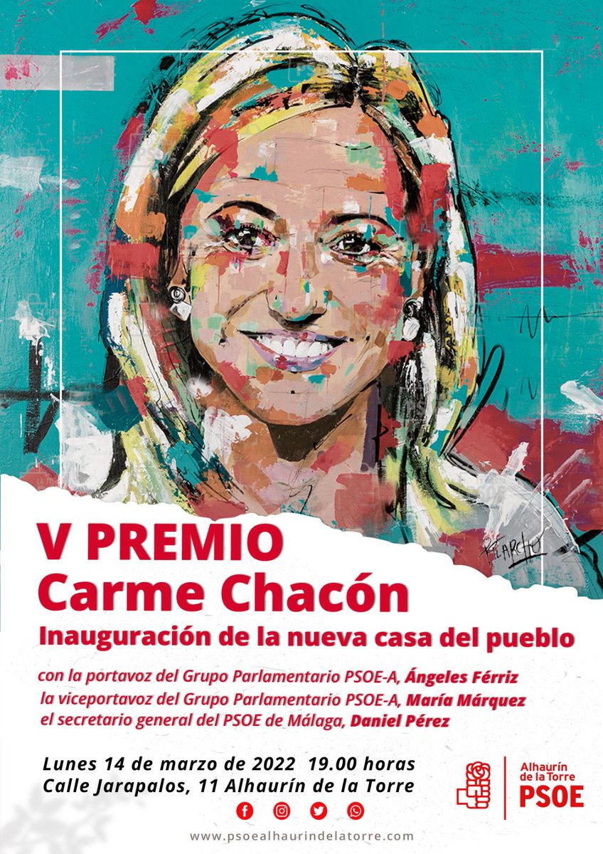 🟣V Premio Carme Chacón  

🗓Lunes, 14 

🕖19.00 h  

📍Calle Jarapalos, 11, Alhaurín De la Torre  

<a href="/aDanielPerez/">Dani Pérez /❤️🇪🇺</a> <a href="/angelesferriz/">Ángeles Férriz</a> @MariaMarquez88 <a href="/PatriciaAlba_/">Patricia Alba Luque</a> <a href="/DavidMarquezg/">David Márquez</a> <a href="/Mikaelagm/">Micaela García Márqu</a> 

#PremioCarmeChacón #AlhauríndelaTorre #CasadelPueblo