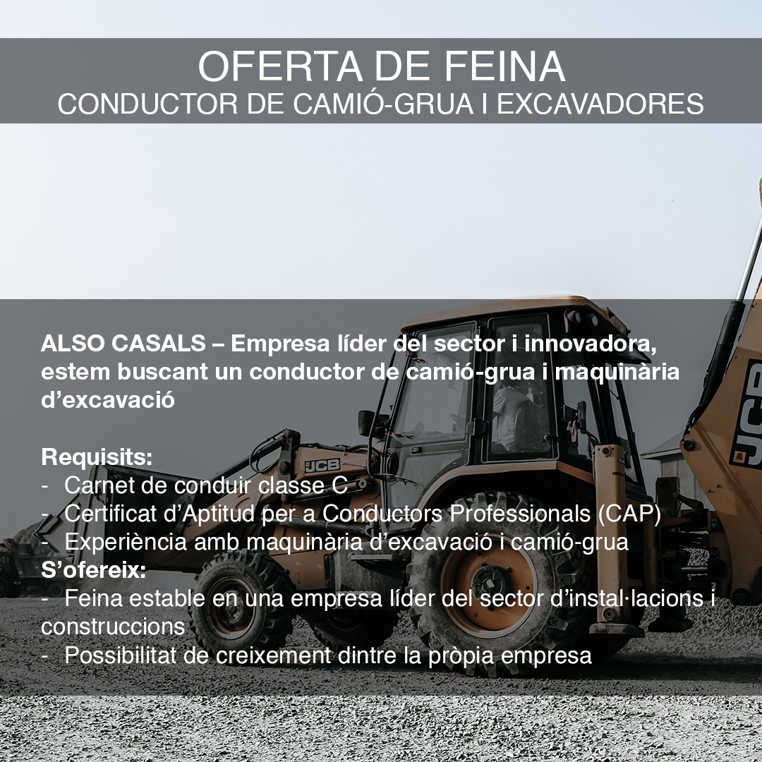 CasalsAlso's tweet photo. OFERTES DE FEINA A TORTOSA!!

- Responsable de departament de manteniments
- Conductor de camió-grua i excavadores

Contacta'ns per missatge privat i comparteix!
.
.
.
#ofertalaboral #feina #manteniments #mantenimiento #camiongrua #excavadora #responsable #terresdelebre #tortosa https://t.co/3X15bsdvUW