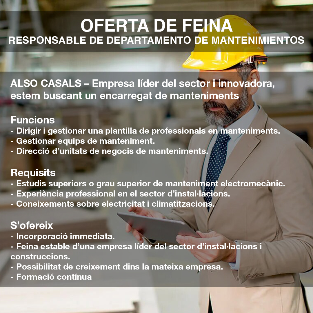 CasalsAlso's tweet photo. OFERTES DE FEINA A TORTOSA!!

- Responsable de departament de manteniments
- Conductor de camió-grua i excavadores

Contacta'ns per missatge privat i comparteix!
.
.
.
#ofertalaboral #feina #manteniments #mantenimiento #camiongrua #excavadora #responsable #terresdelebre #tortosa https://t.co/3X15bsdvUW