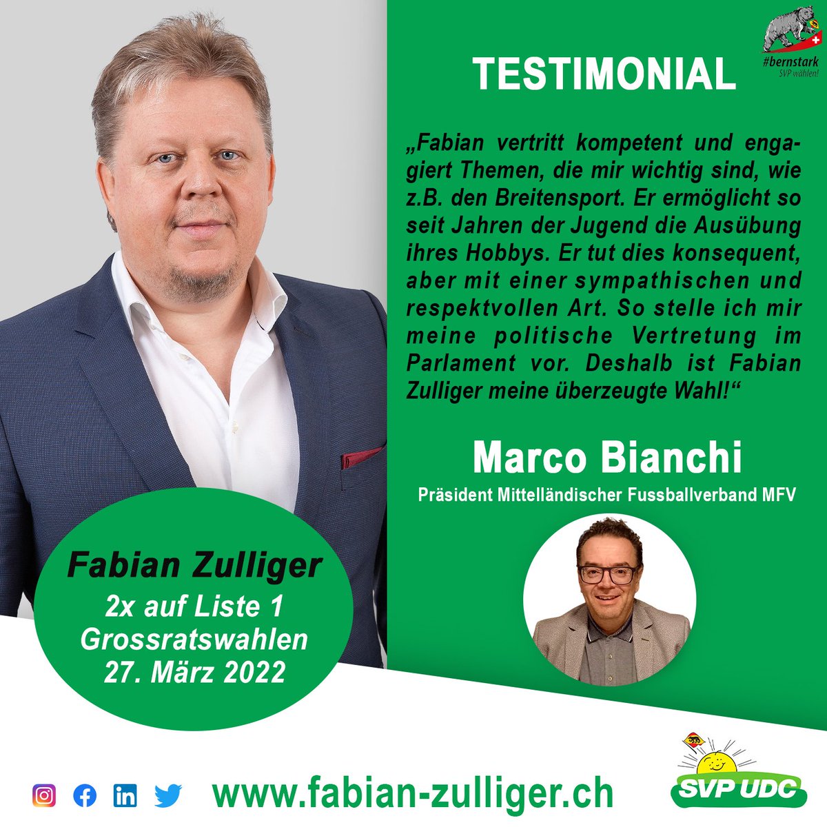 Vielen Dank an den Präsidenten des Mittelländischen Fussballverbandes (MFV) Marco Bianchi für seine persönliche Wahlempfehlung. 

Es freut mich sehr, dass der MFV - Mittelländischer Fussballverband, der FVBJ und Bernsport meine Kandidatur unterstützen!

#wahlbe22 #sport