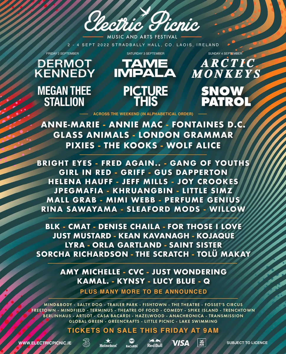 EPfestival's tweet photo. Here is your first look at the #EP22 line up! 
Tickets will go on sale tomorrow at 9am sharp.  🎫✨
@ArcticMonkeys / @tameimpala / @DermotKennedy 
@theestallion / @picturethis / @snowpatrol + many more

TICKETS: https://t.co/rc3iYzartf https://t.co/XA0aTR7YL3