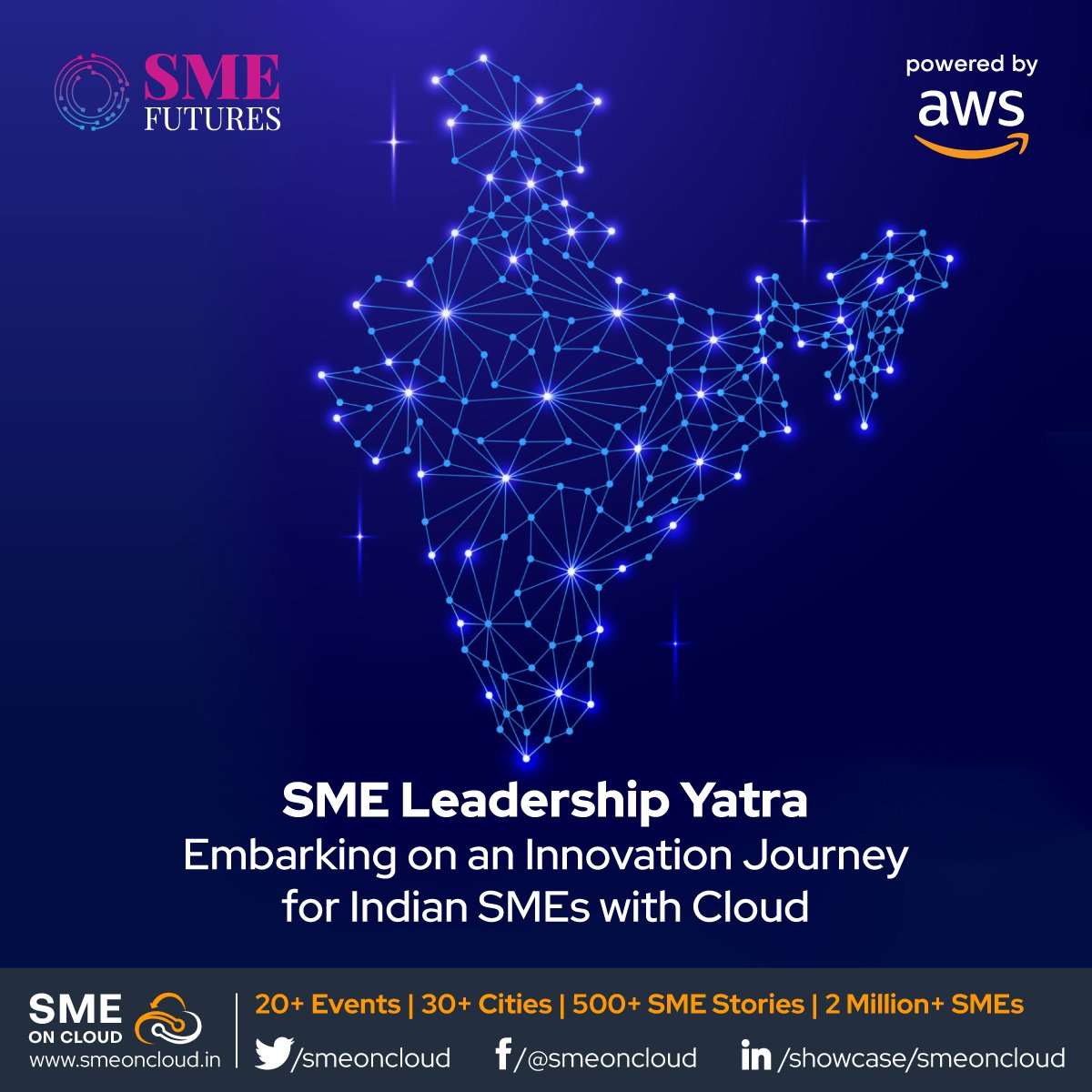 smeoncloud's tweet photo. 20+ events | 30+ Cities | 500+ SME Stories | 2 mn+ SMEs
@smefutures, in partnership with @awscloud  presents @smeoncloud, a campaign with #SME leaders engaging in conversations around cloud adoption for #SMEs.
#AWS #smeocloud #smelovescloud #msme https://t.co/364ZxTa1Ov