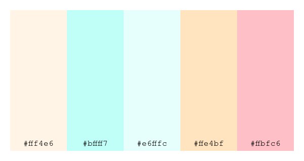 ColPaletteBot's tweet photo. Beep beep, here's a pretty color palette for you!
color-scheme.js parameters used:
- hue: 206
- variation: light
- colors: #fff4e6, #bffff7, #e6fffc, #ffe4bf, #ffbfc6
Have a lovely day!
#twitterbot #colorpalette #colors #palette #prettycolors https://t.co/KLN7plVuJ9