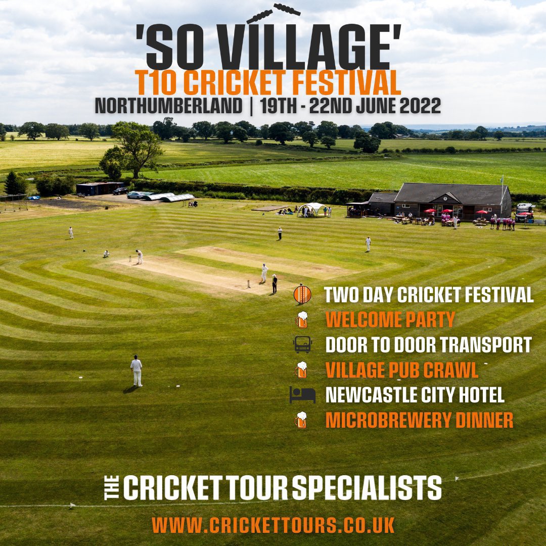 Please help us get the word around! 

We’re looking to fill a final few places for our awesome T10 Festival in Northumberland in June. 

🏏 ‘So Village’ 2-Day T10 Cricket Festival

🗓 19th-22nd June 2022 

🤝 In partnership with <a href="/cricketours/">The Cricket Tour Specialists</a>