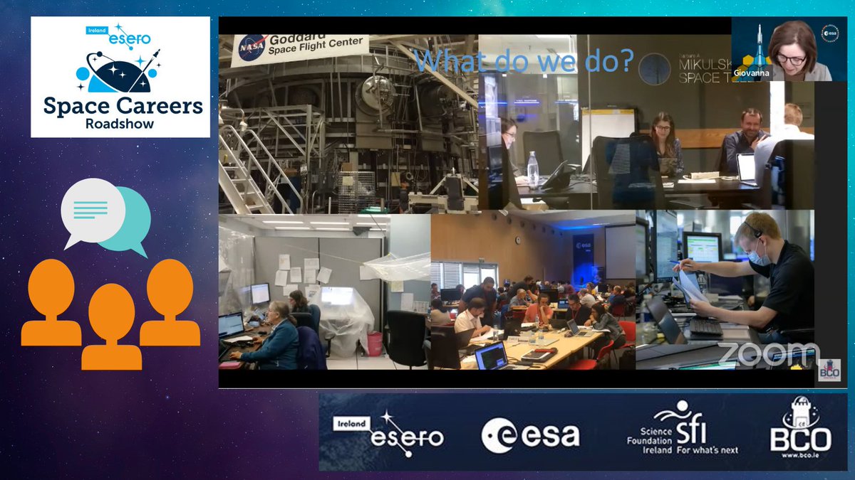 Esero_ie's tweet image. Giovanna Giardino agrees with @astro_ward that teamwork is vital. 

She is part of a big team so being able to work with others is really important in her day-to-day life.

#SpaceCareersRoadshow