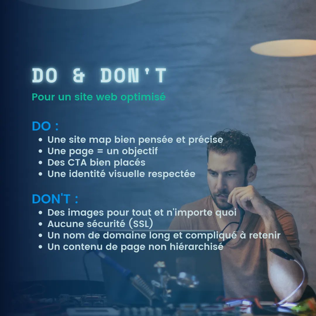 Êtes-vous sûr que votre site web est bien optimisé, en règle et qu'il offre une expérience utilisateur inoubliable ? 🤔

Pour vous aider, voici les "Do &amp; Don't" pour un site web au top !

Alors vous avez tout bon ? 🤩
#siteweb #developpeurweb #ecoconception #siteecoconcu #genosy