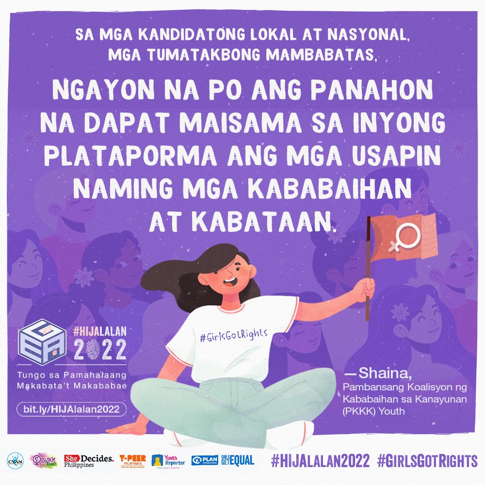 planphilippines's tweet photo. Every item on this agenda speaks loudly of the unheard stories of young people and girls in our communities. It’s about time time we included girls’ issues in today’s electoral discussions. 💪

More info: https://t.co/Me7GBvNt86 
Talk to us: hijalalan2022@gmail.com
#HIJAlalan2022 https://t.co/xbn18yBozE